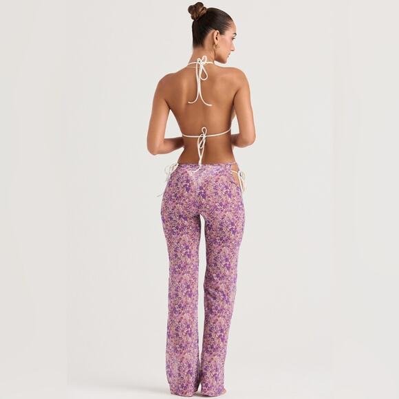 HOUSE OF CB Keala Purple Floral Sheer Side Peek-a-boo Cut Out Tie Cover Up Pants - Picture 11 of 14